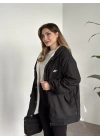 Logo detay içi tamamen peluş oversize yağmurluk mont siyah