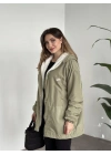 Logo detay içi tamamen peluş oversize yağmurluk mont yeşil