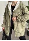 Logo detay içi tamamen peluş oversize yağmurluk mont yeşil