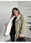 Logo detay içi tamamen peluş oversize yağmurluk mont yeşil