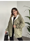 Logo detay içi tamamen peluş oversize yağmurluk mont yeşil