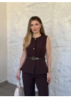 Marka model belden oturan volanlı kemerli takım kahve