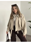 Marka model oversize kesim kemerli deri mont krem