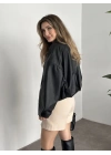 Marka model oversize kesim kemerli deri mont siyah