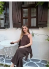 Marka model Halter yaka asimetrik kesim tulum kahve