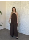 Marka model Halter yaka asimetrik kesim tulum kahve