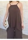Marka model Halter yaka asimetrik kesim tulum kahve