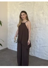 Marka model Halter yaka asimetrik kesim tulum kahve