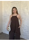 Marka model Halter yaka asimetrik kesim tulum kahve