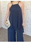 Marka model Halter yaka asimetrik kesim tulum lacivert