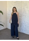 Marka model Halter yaka asimetrik kesim tulum lacivert