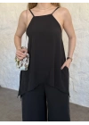 Marka model Halter yaka asimetrik kesim tulum siyah
