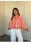 Marka model renkli çizgili fermuarlı bluz ceket