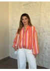 Marka model renkli çizgili fermuarlı bluz ceket