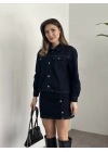 Mini etekli düğmeli denim takım