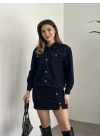 Mini etekli düğmeli denim takım