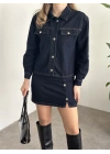 Mini etekli düğmeli denim takım