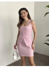 Mini etekli keten takım pembe