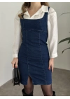 Mini yırtmaç detaylı denim elbise koyu