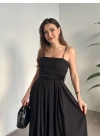 Mng marka etiketli belden kemerli uzun elbise siyah