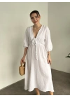 Müslim kumaş önden bağlamalı bol kesim elbise beyaz