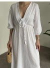 Müslim kumaş önden bağlamalı bol kesim elbise beyaz