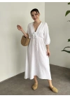Müslim kumaş önden bağlamalı bol kesim elbise beyaz