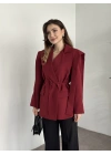 Omuz detaylı bel bağcıklı blazer ceket bordo