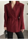 Omuz detaylı bel bağcıklı blazer ceket bordo