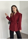 Omuz detaylı bel bağcıklı blazer ceket bordo