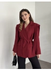 Omuz detaylı bel bağcıklı blazer ceket bordo