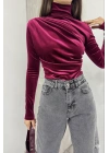 omuz ve beli büzgülü dik yaka kadife bluz bordo