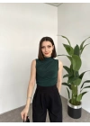 Omuz Ve Beli Büzgülü Sıfır Kollu Bluz Zümrüt Yeşili