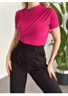 Omuzu Ve Beli Büzgülü Sandy Kumaş Bluz fuşya