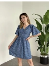 Önü Drapeli Kolları Volanli Pamuklu Viskon Kumaş Elbise Mavi Küçük Çiçek