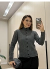 Örme balıkçı yaka düğmeli triko füme
