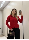 Örme balıkçı yaka düğmeli triko kırmızı