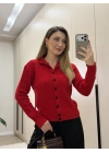 Örme balıkçı yaka düğmeli triko kırmızı