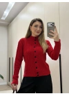 Örme balıkçı yaka düğmeli triko kırmızı