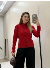Örme balıkçı yaka düğmeli triko kırmızı