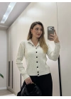 Örme balıkçı yaka düğmeli triko taş