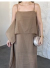 Oversize askısı ayarlanabilir tül modal elbise camel