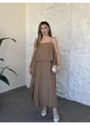 Oversize askısı ayarlanabilir tül modal elbise camel