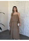 Oversize askısı ayarlanabilir tül modal elbise camel