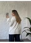 Oversize basic taş baskılı sweatshırt beyaz