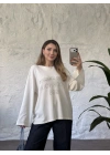 Oversize basic taş baskılı sweatshırt beyaz