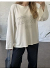 Oversize basic taş baskılı sweatshırt beyaz