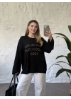 Oversize basic taş baskılı sweatshırt siyah