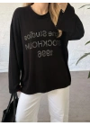 Oversize basic taş baskılı sweatshırt siyah