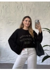 Oversize basic taş baskılı sweatshırt siyah